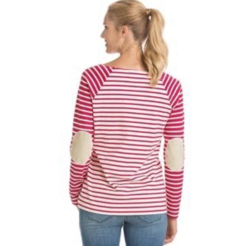 Vineyard Vines Women's Raglan Striped Crewneck Suede Elbow Patch Top Size Small
